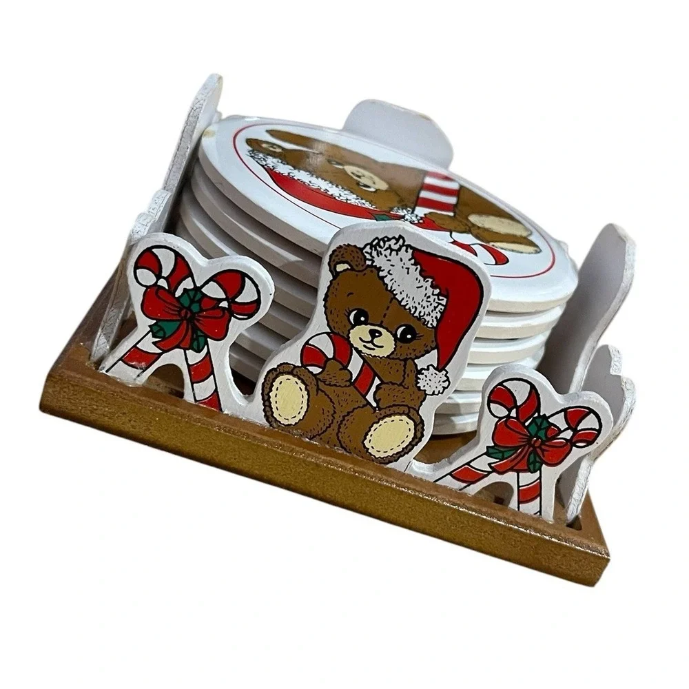 House of Lloyd 1988 Teddy Bear Christmas Coaster Set of 6 Holder Vintage Holiday